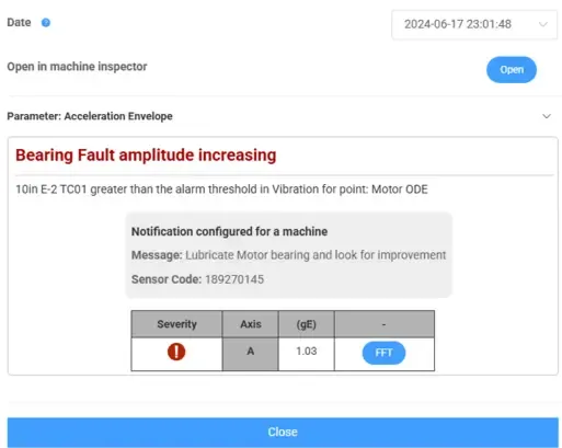 EI-Analytic™ email alarm notifications sent months before bearing failure, providing early warning to plan a scheduled DC motor change-out
