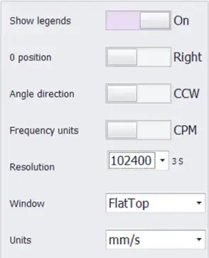 Balancing equipment configuration panel showing unit type, angle measurement, and correction weight position options