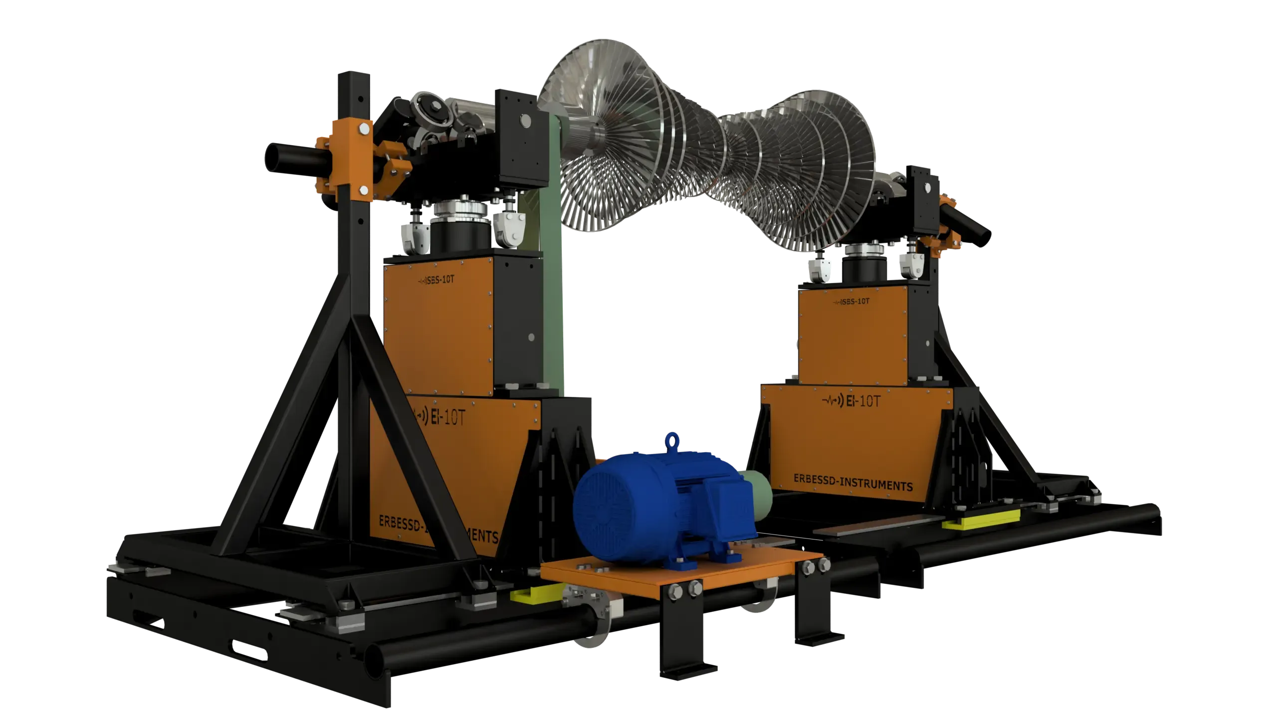 EI-10T balancing machine with a turbine rotor mounted on its two soft bearing supports and the drive motor in front