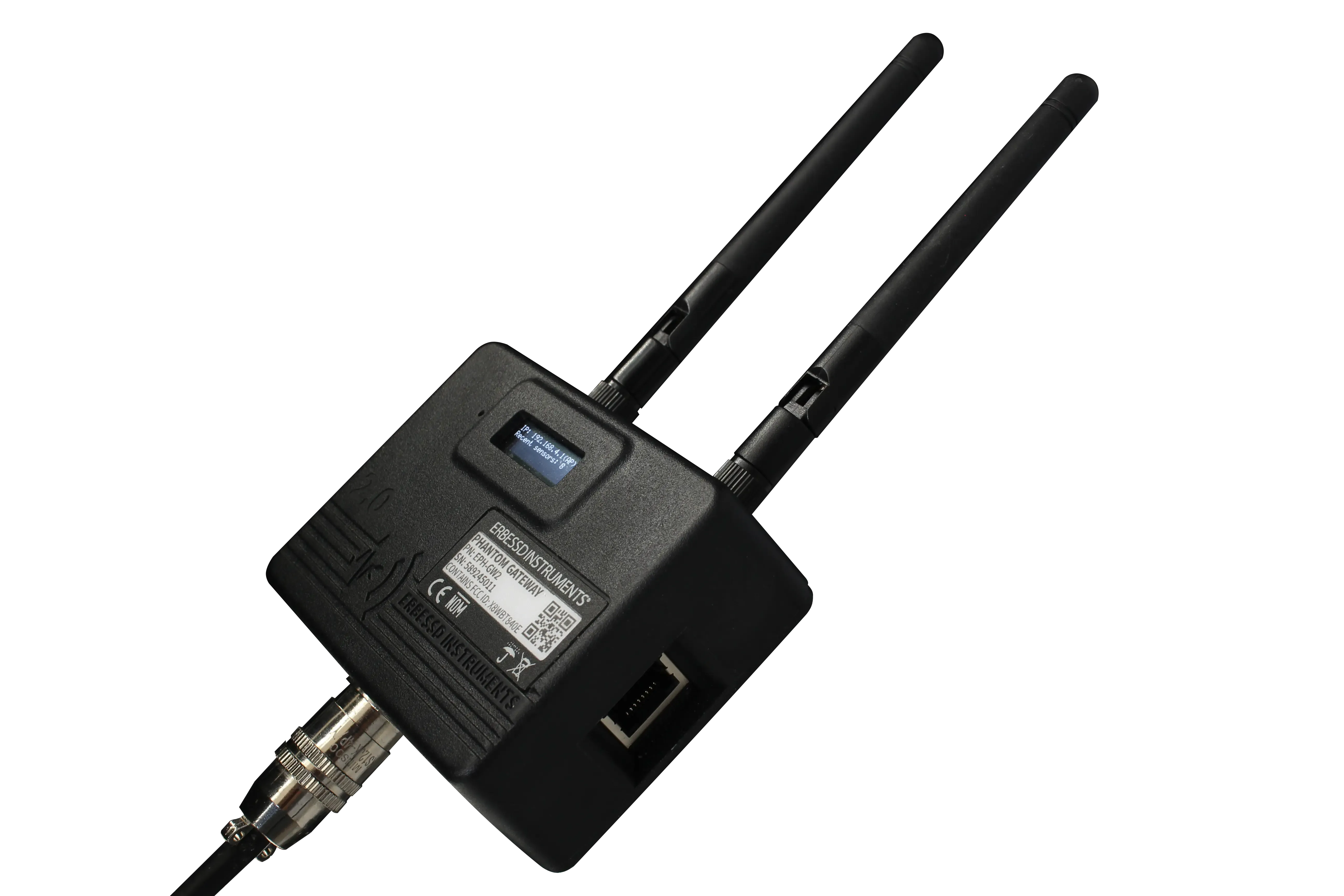 PHANTOM® Gateway 2.0 seen from the side, showing the Ethernet port, the power connector and the two antennas.