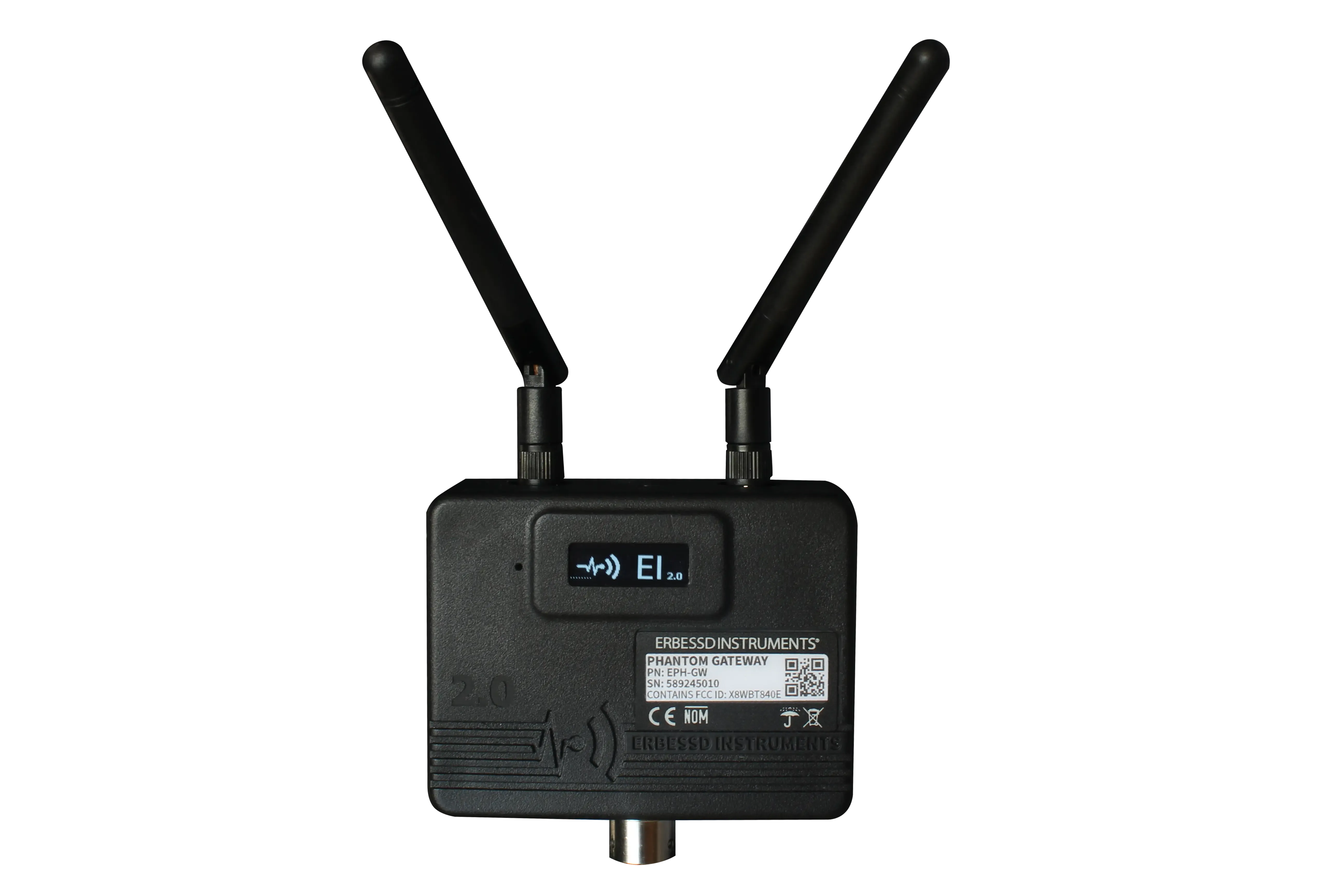 PHANTOM® Gateway 2.0 seen from the front, with its two antennas, the OLED display and the identification label