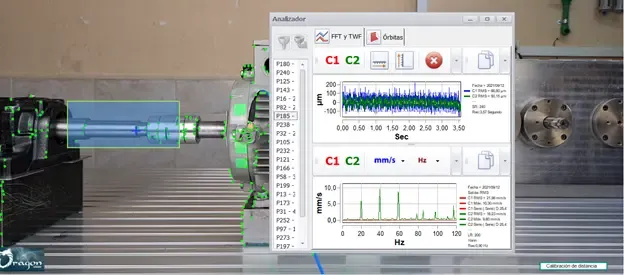 Dragon Vision® Analysis tab displaying the TWF waveform and FFT vibration spectrum after processing a 3-second video at 240 fps of the GIDTEC vibration bench