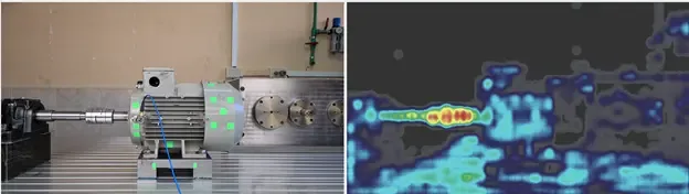 Motion detection simulation in Dragon Vision® highlighting the zone with greatest displacement on the GIDTEC vibration bench to pinpoint the moving point for fault vibration spectrum analysis