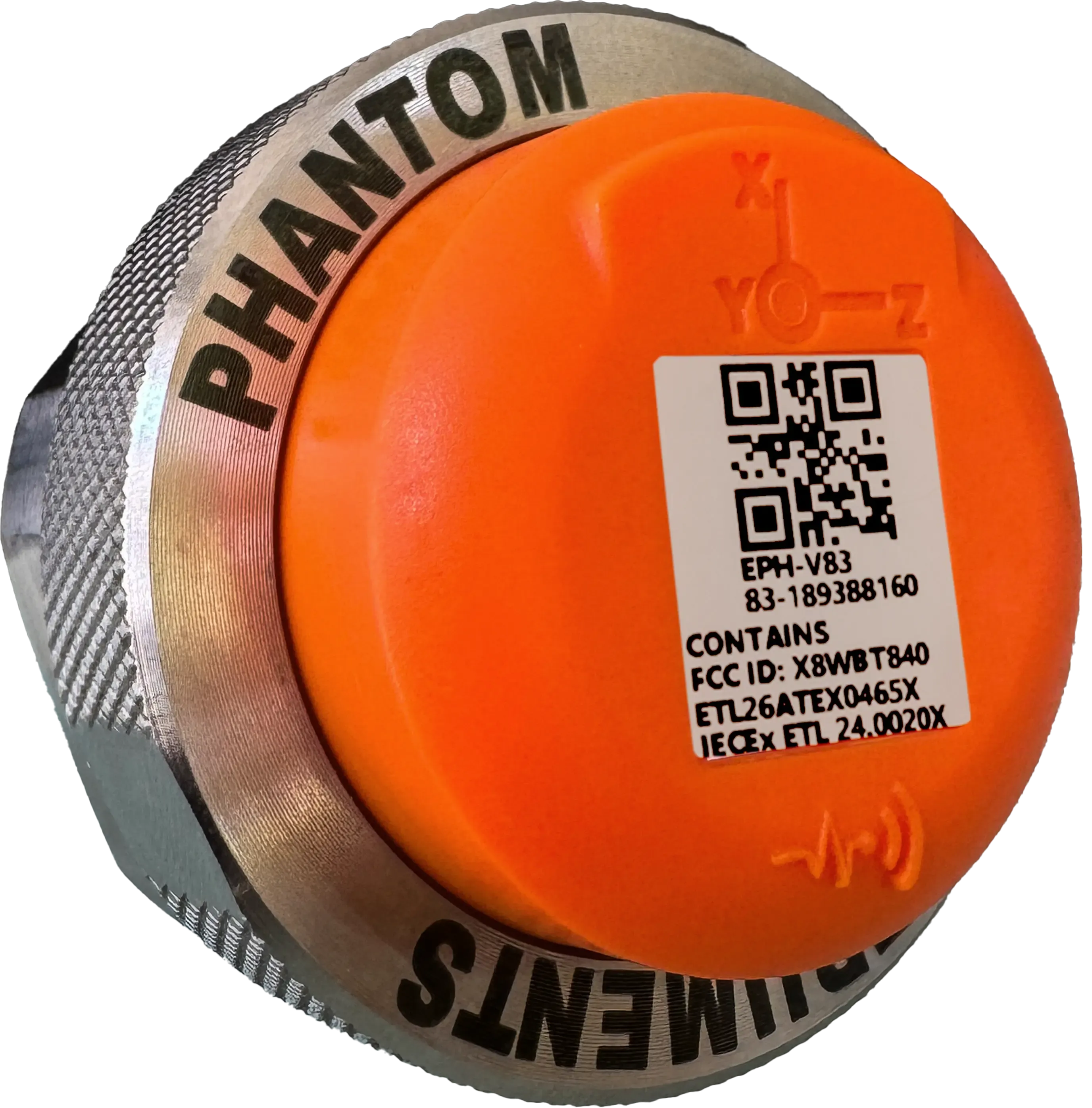 A PHANTOM Gen 4 wireless triaxial vibration sensor in its black housing, seen from a three-quarter angle on a white background.