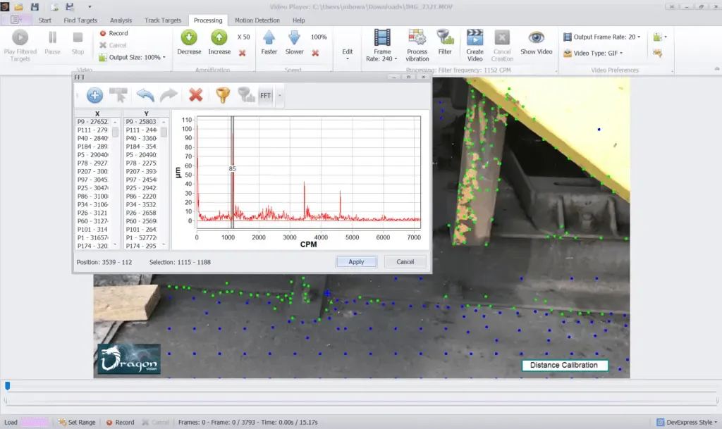 Dragon Vision® filter panel for selecting frequency ranges to amplify motion in the video deflection model