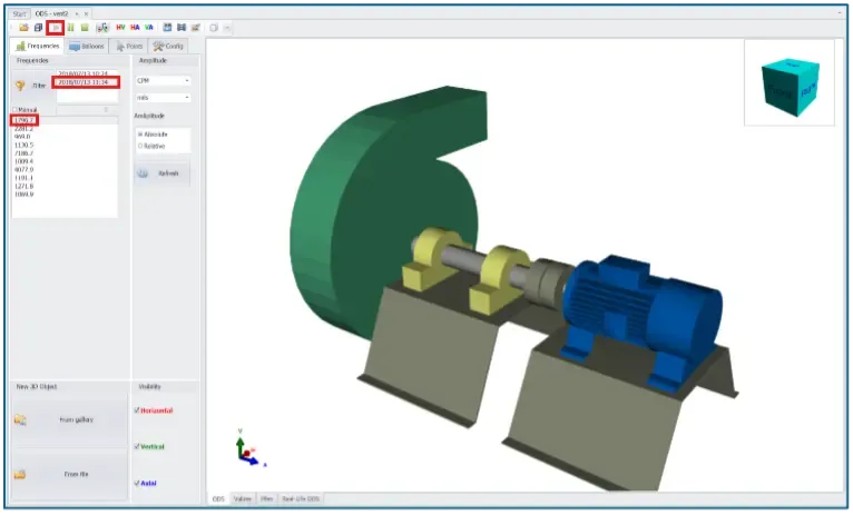 Animated 3D ODS simulation in Digivibe MX® showing machine deflection at a selected frequency, with playback and export controls