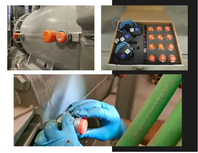 PHANTOM® wireless vibration sensor installed on industrial refrigeration equipment for continuous condition monitoring