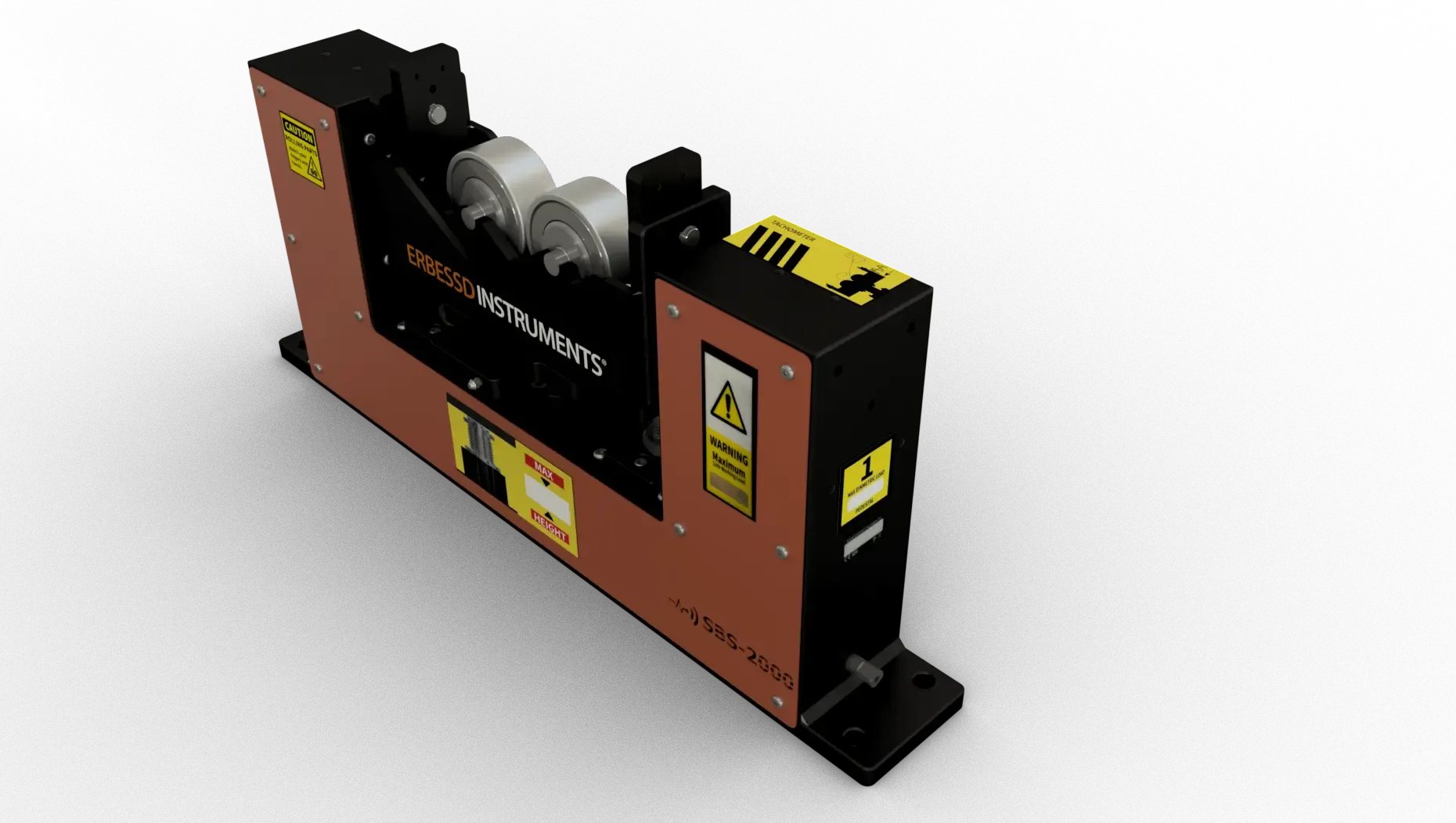 An SBS-2000 soft-bearing suspension: the roller carriage that holds the rotor journal is free to move sideways, and that movement is what the sensor reads