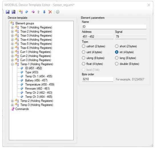 RapidSCADA data log configuration with memory space assignments for PHANTOM® sensors