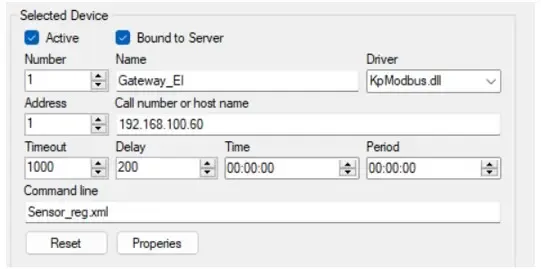 RapidSCADA connection settings linking the software to the PHANTOM® gateway via IP address for MODBUS TCP/IP communication