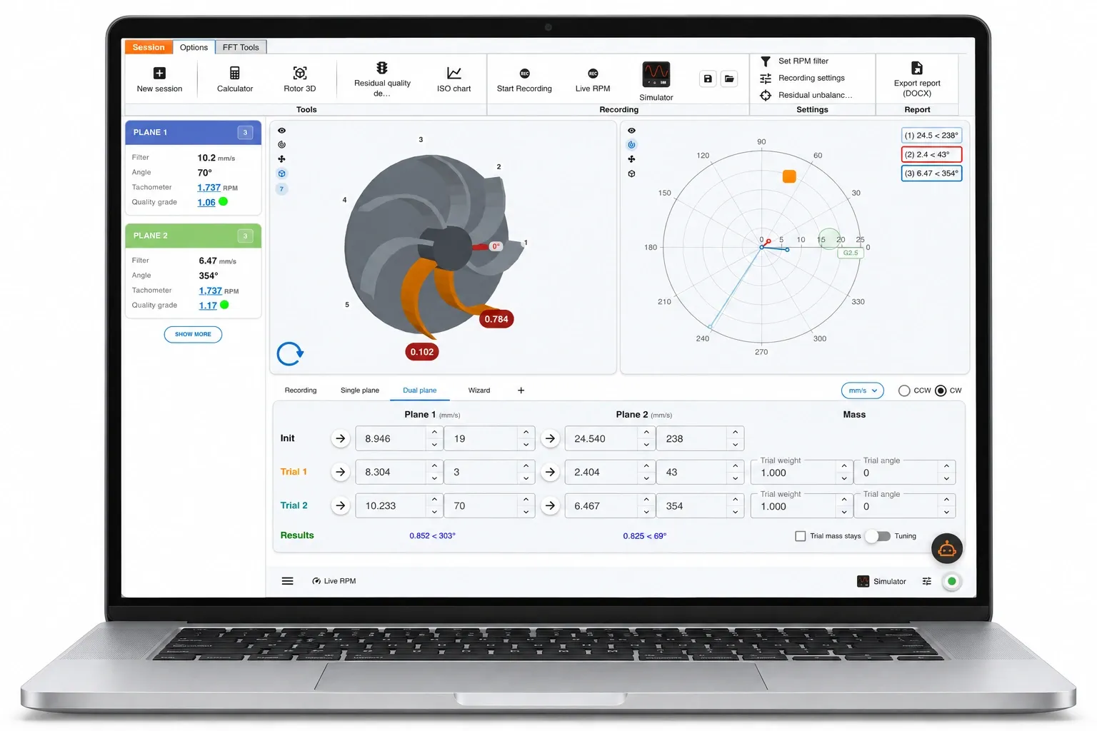 A laptop displaying: The Digivibe MX® 26 Balance screen with a five-blade impeller in blades view: the correction split between two blades, the polar plot beside it and the dual-plane table below