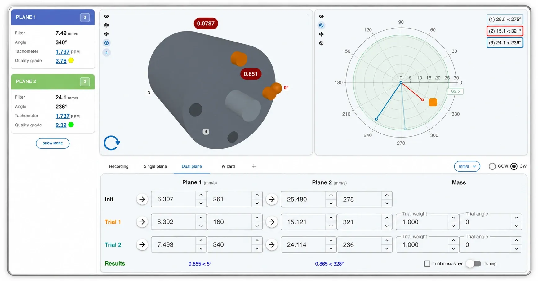 Digivibe MX® 26 Balance in dual-plane mode: the two plane cards on the left with quality grades 3.76 and 2.32, the 3D rotor with its two correction masses in the centre, the polar plot with the initial run and two trial runs on the right, and below the table with Init, Trial 1, Trial 2 and the result for each plane