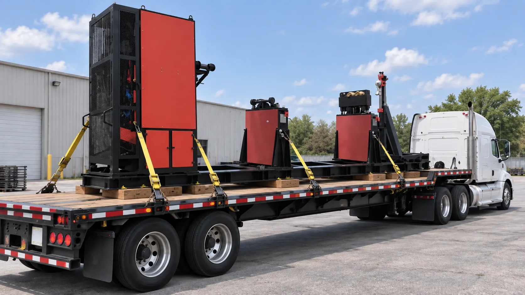 Balancing machine secured with tie-down straps on a flatbed truck for transport to the job site