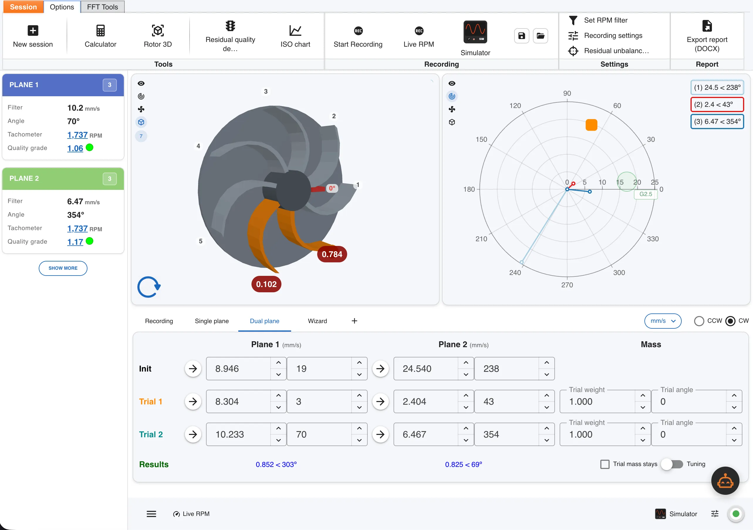 Digivibe MX with a 3D rotor, two-plane balancing corrections, a polar plot and access to the Erby assistant
