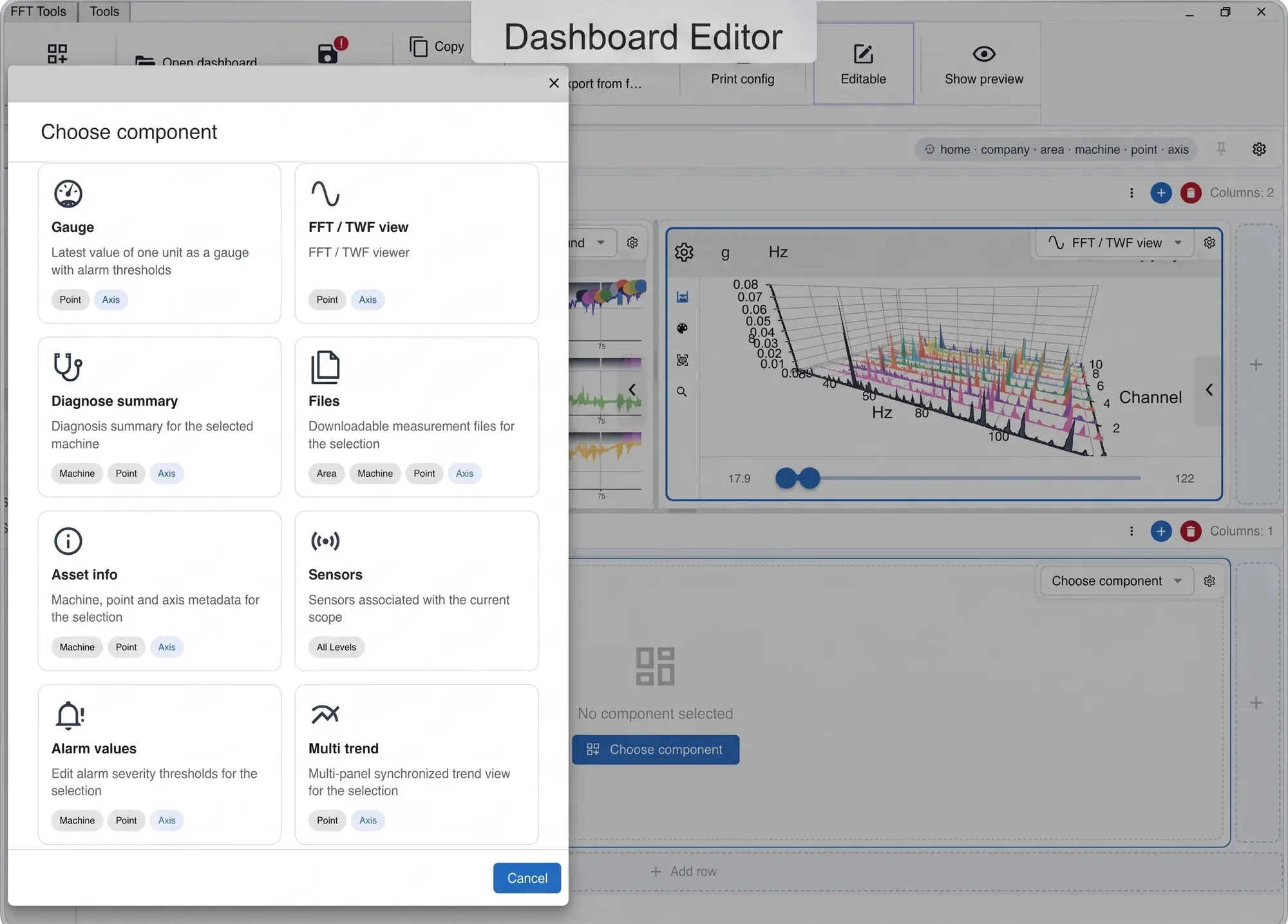 The Digivibe MX® dashboard editor with the widget catalogue open: gauge, FFT/TWF view, diagnose summary, files, asset info, sensors, alarm values and multi trend, each with the tree levels it applies to
