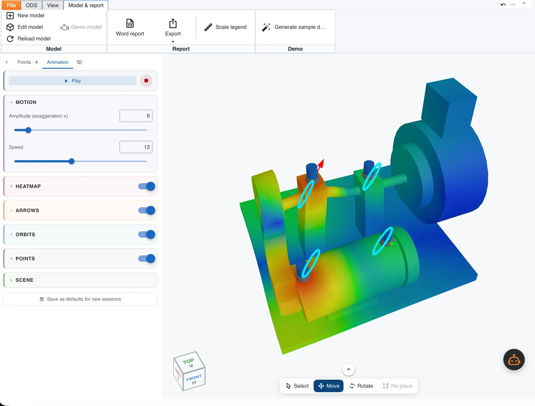 The same ODS model animating the deformation, with the heat map, the motion arrows and the orbits switched on.