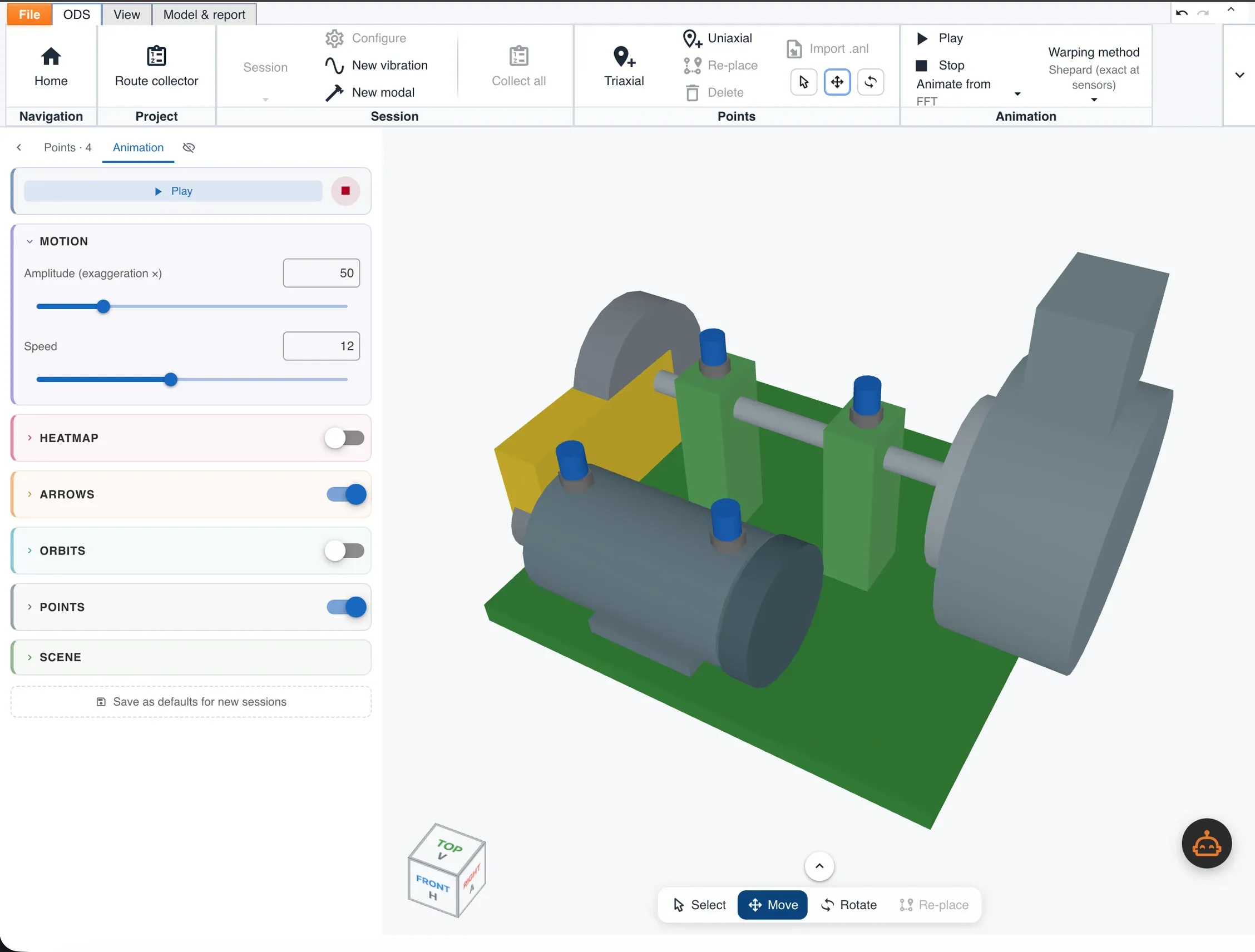 The ODS session Erby built, open in the ODS module: a 3D model of the motor, belt guard and fan with its four triaxial measurement points already placed.