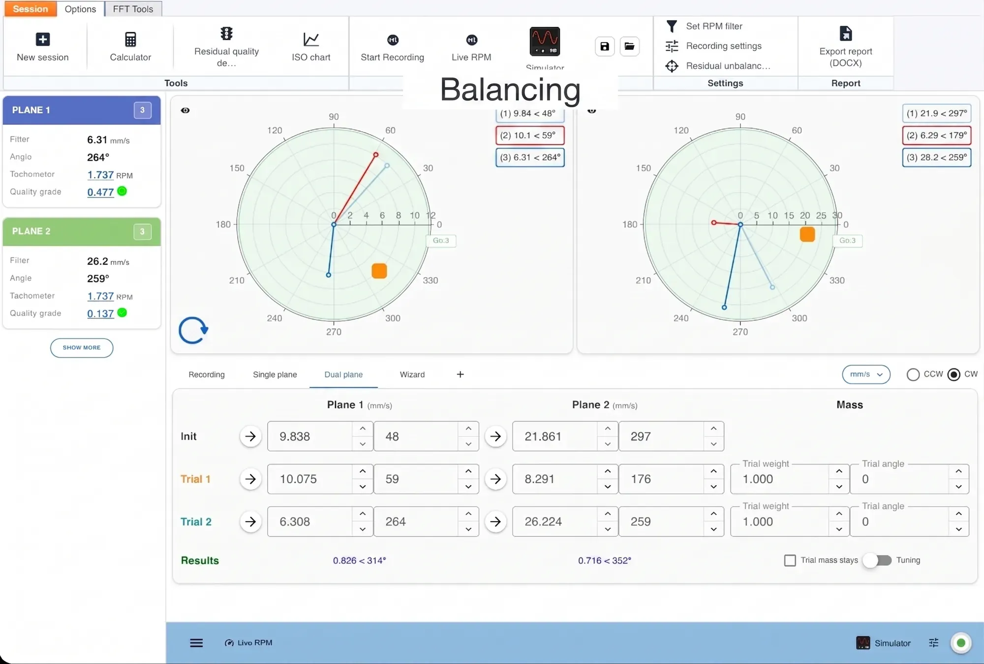 Two-plane field balancing in Digivibe MX®: a polar diagram per plane with the initial reading and two trial runs, and a quality grade for each plane