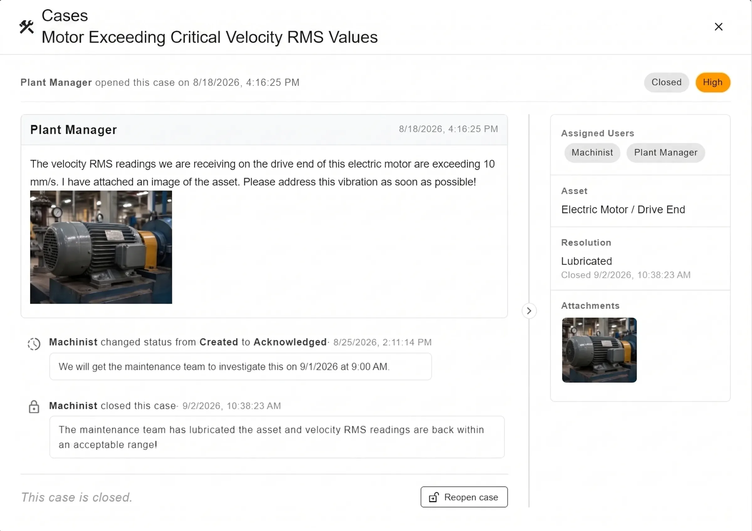 Case tracking in Digivibe MX®: a case opened for a motor exceeding its critical velocity RMS values, with the comment thread, an attached spectrum and a photo of the motor, the assigned users and the resolution recorded when it was closed
