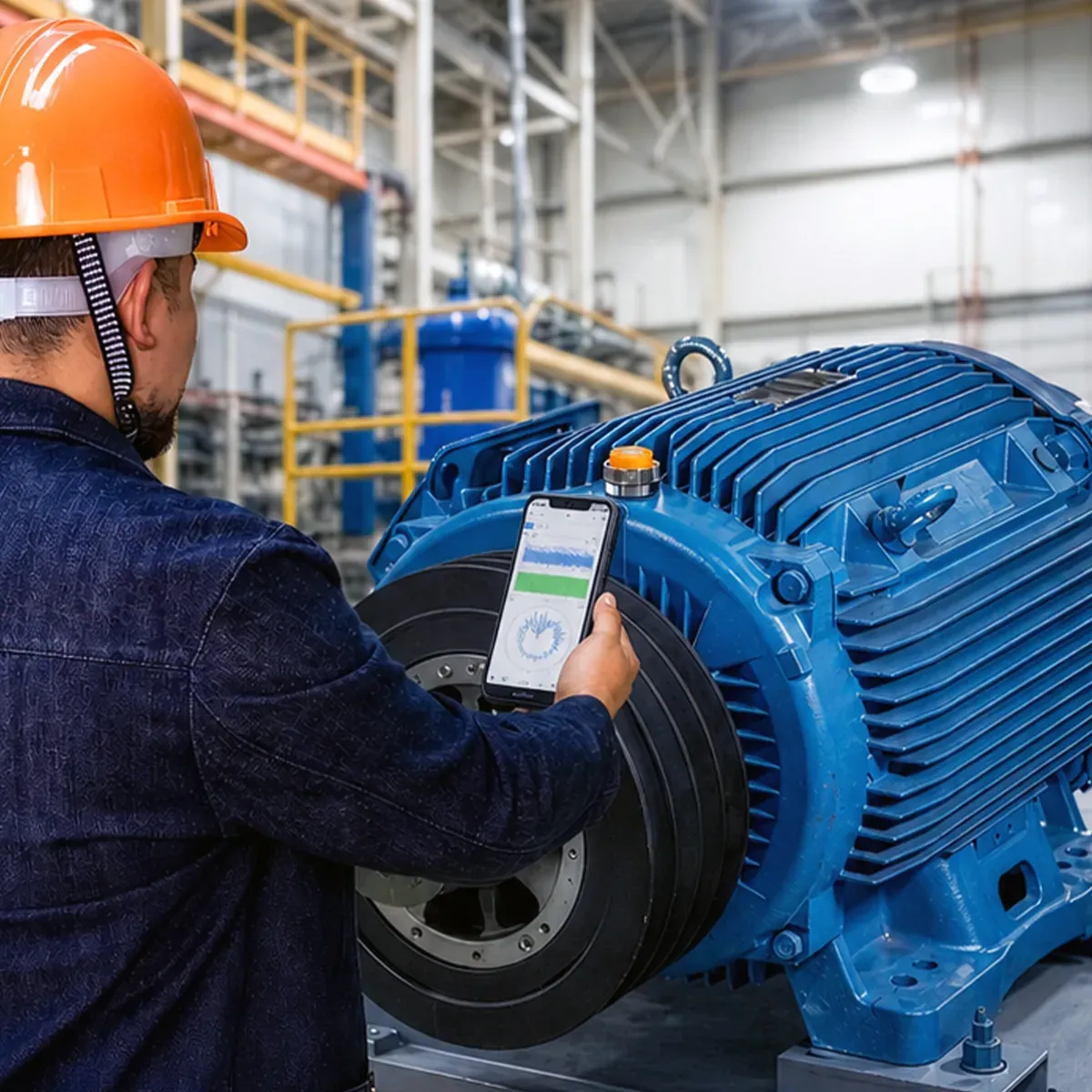 A technician in a hard hat holding a phone in front of an electric motor, with the Digivibe MX® app showing the spectrum and the polar plot of the measurement just taken