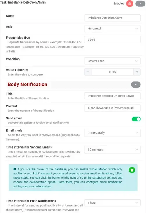 Band increase notification alert in Digivibe MX® showing vibration threshold exceeded in a specific frequency range for early fault detection