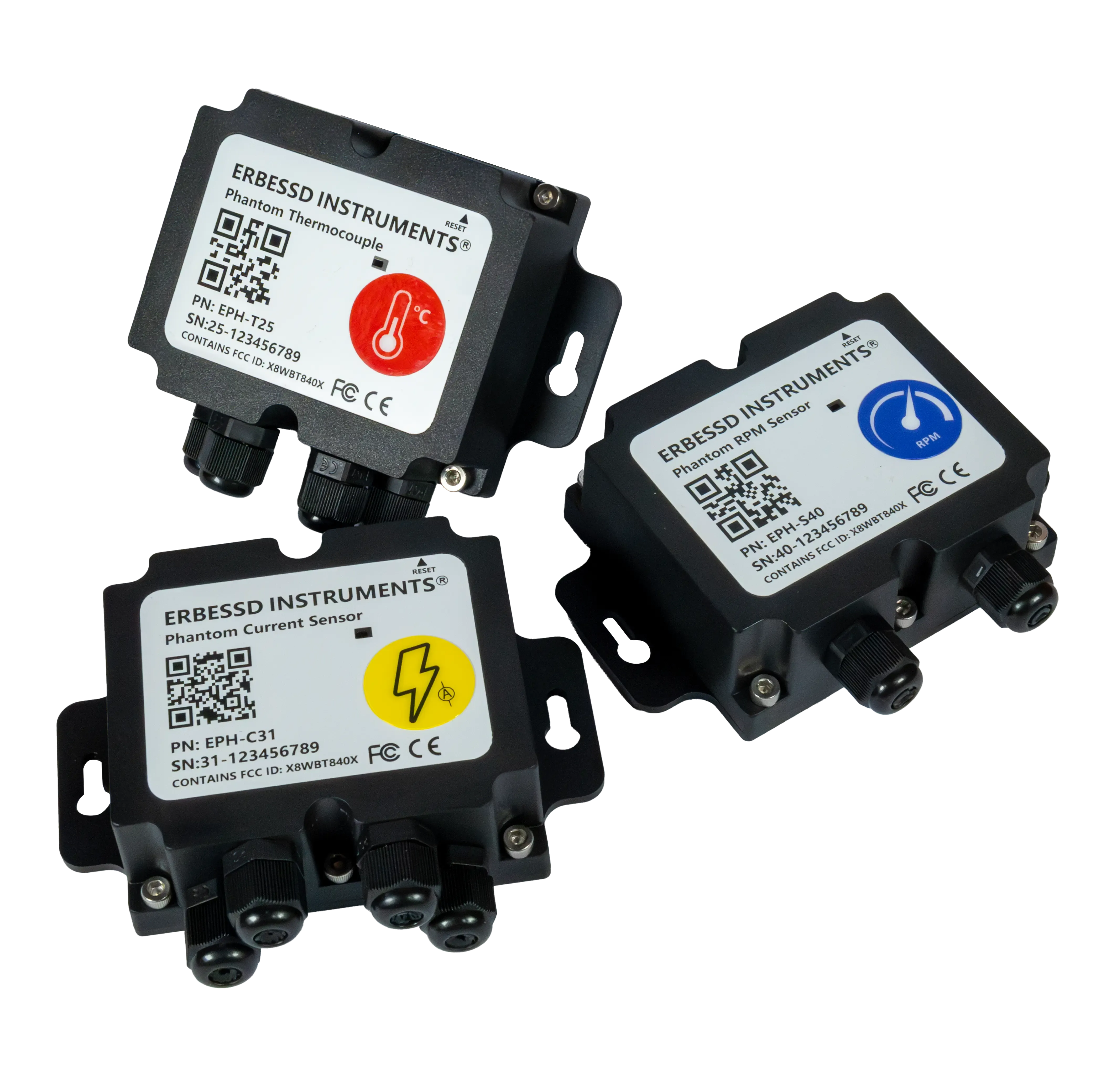 Three PHANTOM® wireless sensors in their black boxes: thermocouple, current and speed
